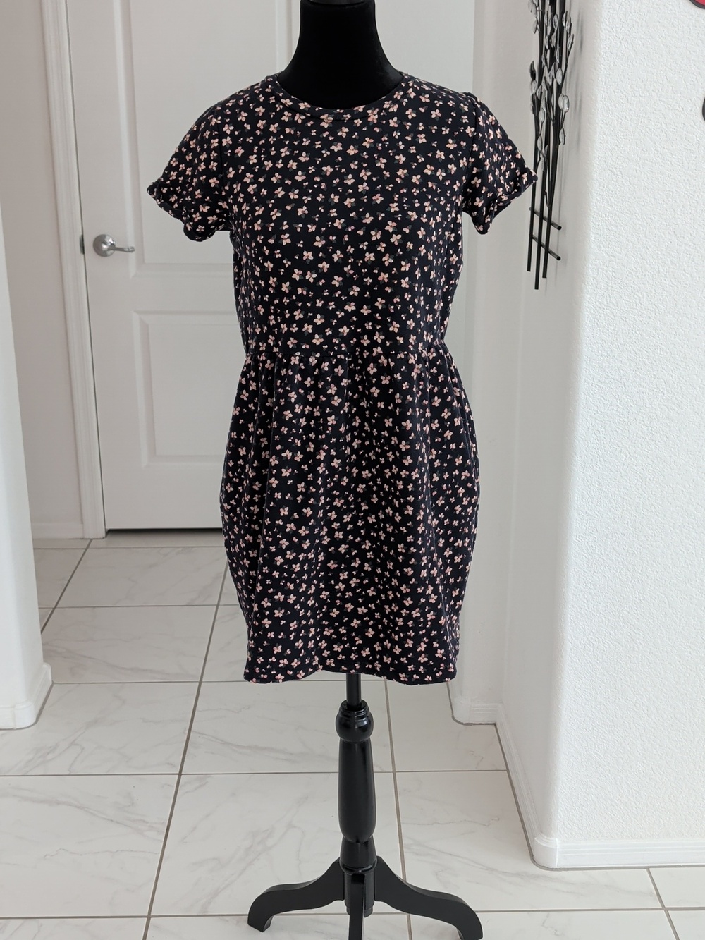 LOFT French Terry Babydoll Floral Dress Short Sleeve Pockets XSP XS Petite Blue